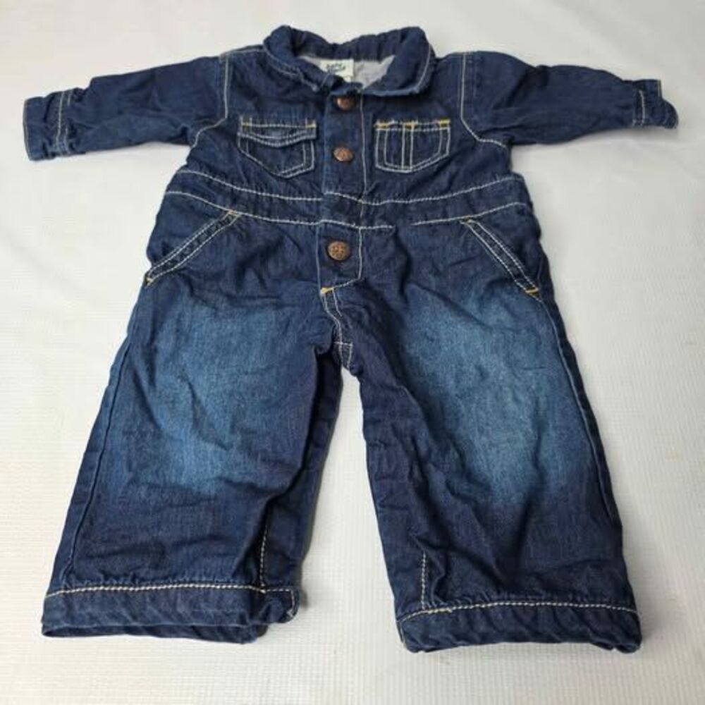 Oshkosh B'gosh Dark Blue Denim Jumpsuit Lined Long Sleeves Snap Legs 3 months
